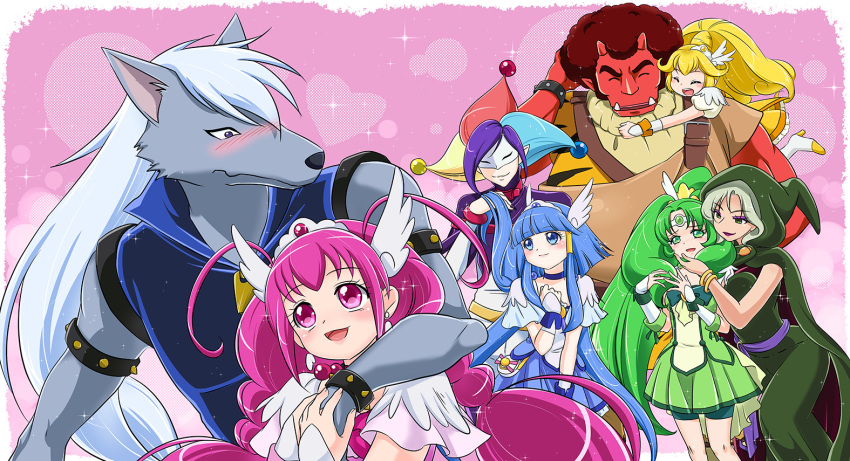 5girls afro akaooni aoki_reika bike_shorts blonde_hair blue_dress blue_eyes blue_hair blush bowtie brooch cape closed_eyes cure_beauty cure_happy cure_march cure_peace dress embarrassed green_dress green_eyes hair_tubes head_wings hood horns hoshizora_miyuki jewelry joker_(smile_precure!) kise_yayoi long_hair majorina mask midorikawa_nao multicolored_hair multiple_boys multiple_girls payot pink_background pink_eyes pink_hair pointy_ears precure purple_hair red_hair red_skin shibi shorts_under_skirt size_difference skirt smile smile_precure! tiara twintails werewolf white_hair wolfrun