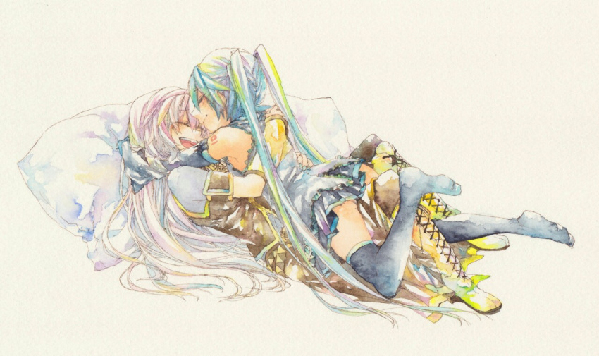 aqua_hair asaoka boots closed_eyes cross-laced_footwear eyes_closed hatsune_miku hug knee_boots lace-up_boots long_hair megurine_luka multiple_girls open_mouth pantyhose pillow pink_hair skirt thigh-highs thighhighs twintails very_long_hair vocaloid