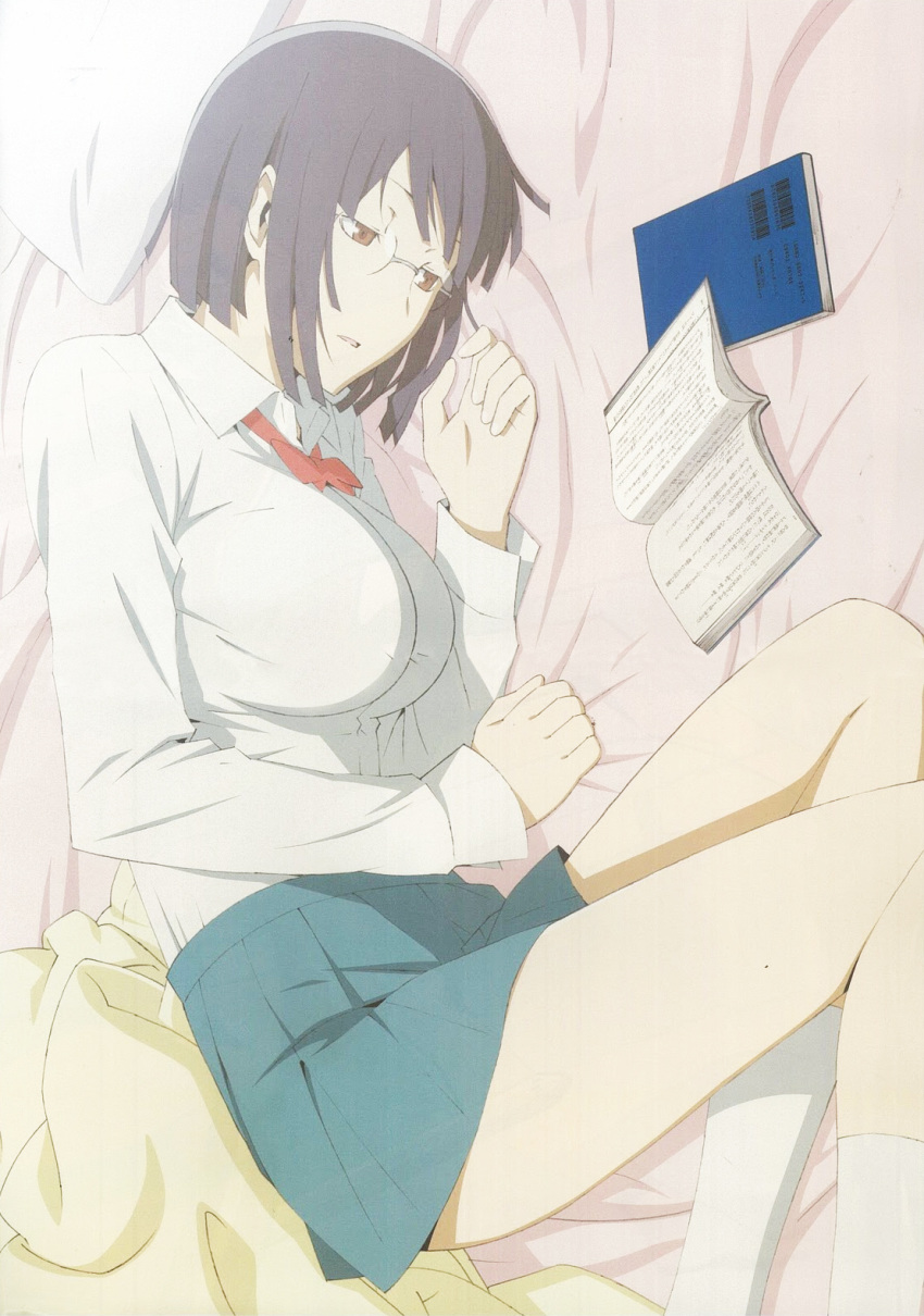 bob_cut book breasts durarara!! glasses highres large_breasts red_eyes scan school_uniform short_hair solo sonohara_anri