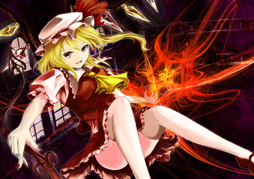 ascot blonde_hair blush crystal f_kz flandre_scarlet glass grey_eyes hat hat_ribbon laevatein looking_at_viewer open_mouth ribbon short_hair side_ponytail skirt smile solo thigh-highs thighhighs touhou white_legwear wings