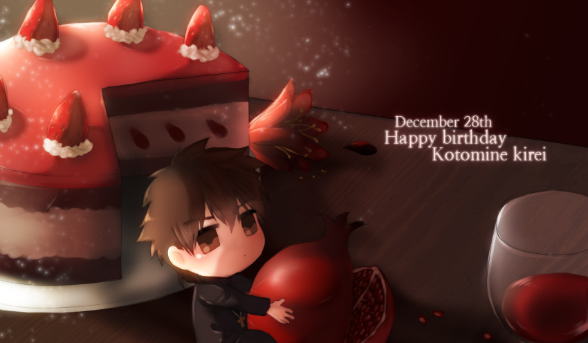 birthday brown_eyes brown_hair cake candle chibi cup fate/zero fate_(series) flower food fruit kotomine_kirei pomegranate solo tusk0315 wine wine_glass