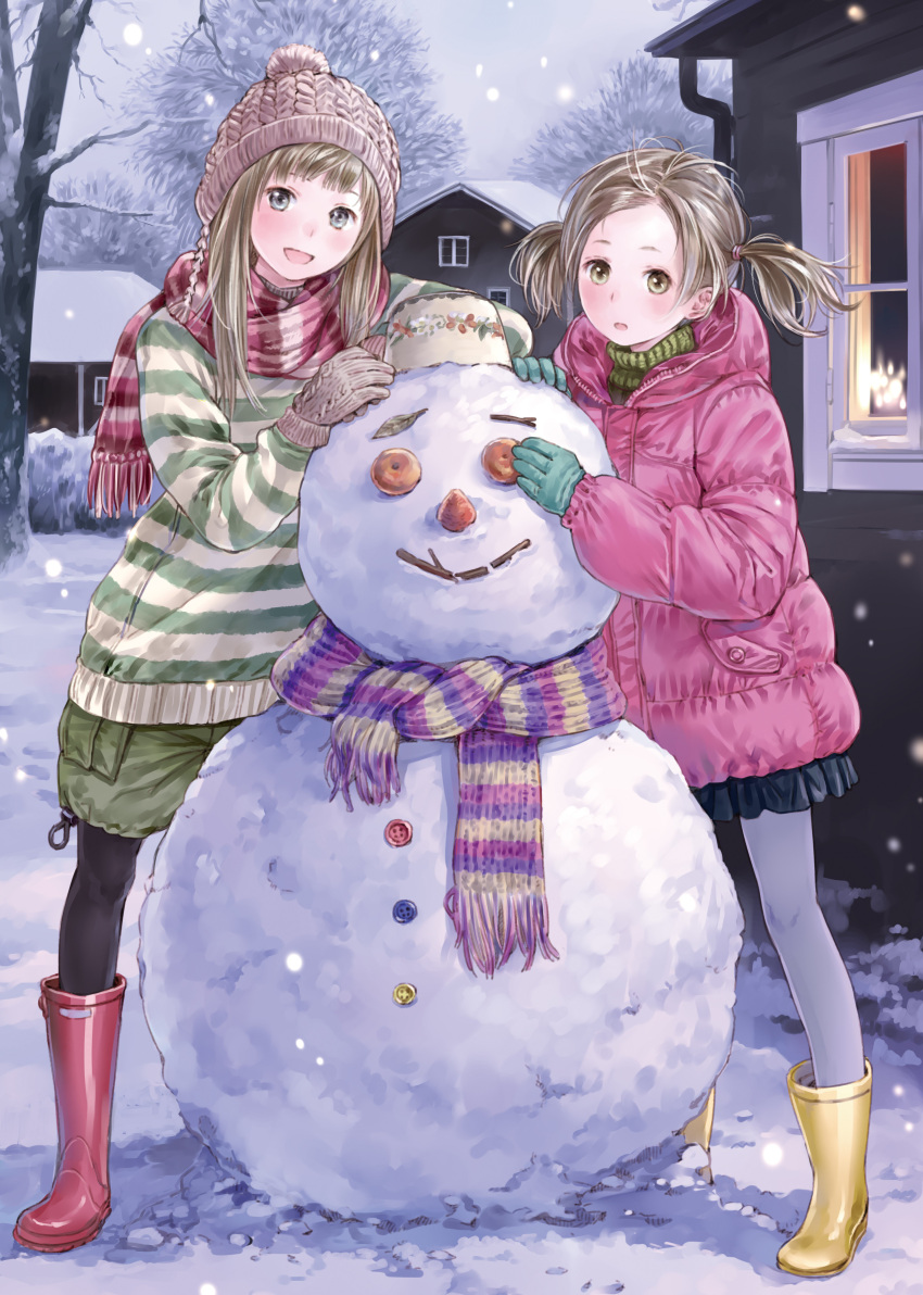 :d absurdres beanie black_legwear blue_eyes blue_legwear boots brown_eyes brown_hair buttons carrot coat food fruit gloves hat highres hood house kishida_mel leaf long_hair mandarin_orange multiple_girls open_mouth original pantyhose rubber_boots scan scarf short_hair short_twintails skirt smile snow snowing snowman standing stick striped striped_sweater sweater tree turtleneck twintails winter_clothes