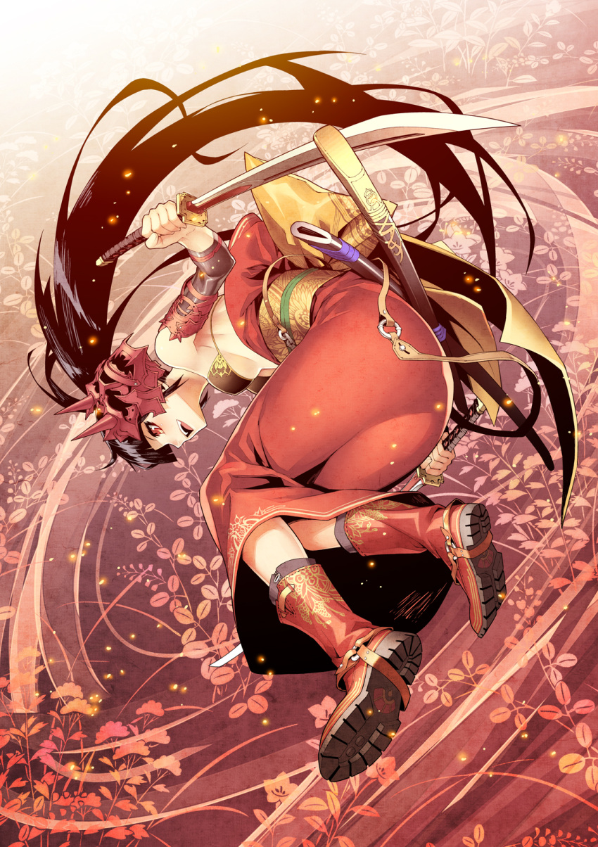 bikini_top black_hair breasts detached_sleeves dress dual_wielding highres japanese_clothes katana kimono kunieda light_particles long_hair obi off_shoulder oni_mask open_mouth original ponytail red_dress red_eyes sash solo sword under_boob underboob very_long_hair weapon