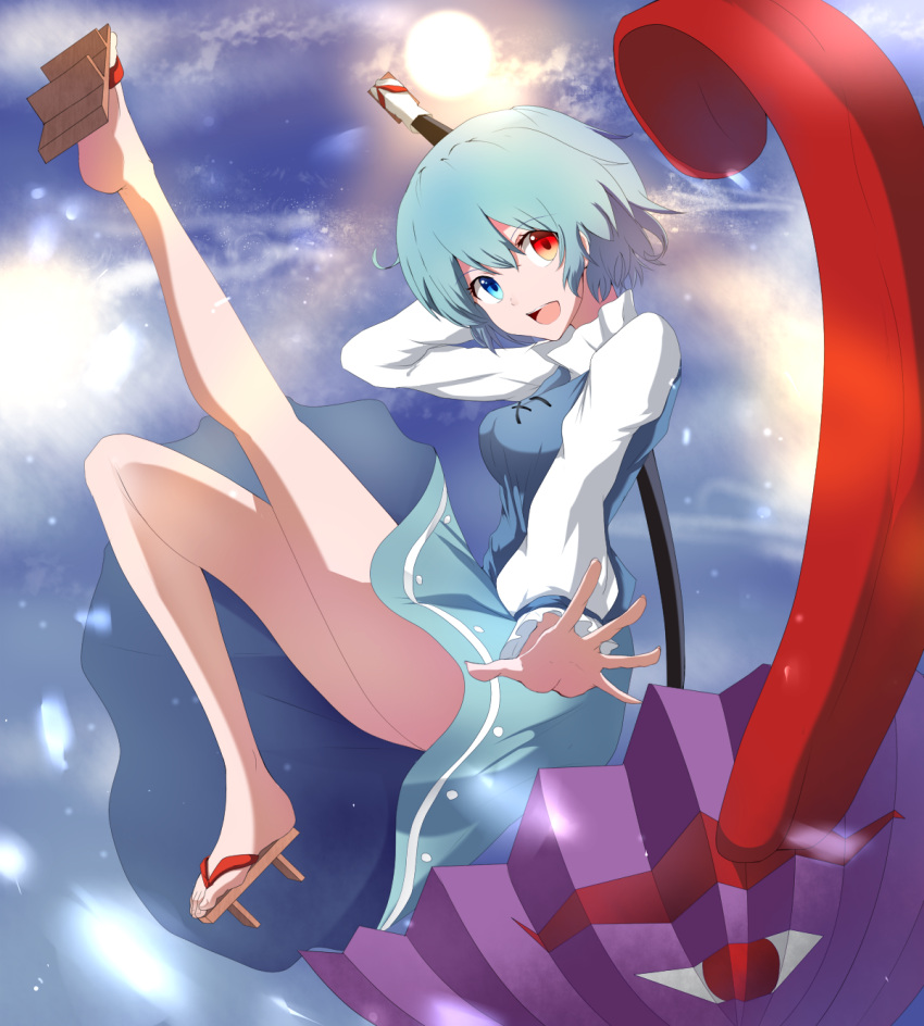 bare_legs blue_eyes blue_hair cloud clouds feet full_moon geta heterochromia highres hizagawa_rau karakasa_obake long_sleeves moon night night_sky no_socks open_mouth outstretched_arm red_eyes sandals short_hair skirt sky smile solo star star_(sky) starry_sky tatara_kogasa toes tongue touhou umbrella