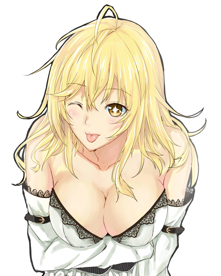 +_+ 1girl bare_shoulders blonde_hair breast_lift breasts cleavage collarbone crossed_arms highres large_breasts official_art shirt simple_background smile solo to_aru_kagaku_no_railgun to_aru_majutsu_no_index tongue tongue_out wenhe white_background wink yellow_eyes