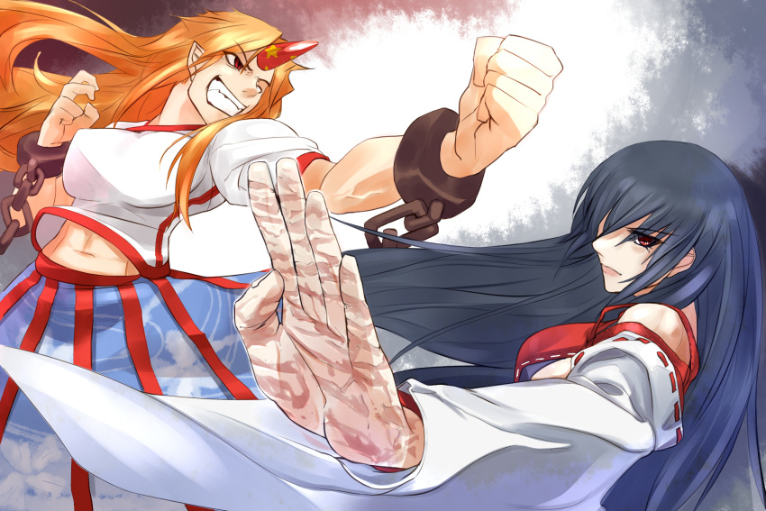 abs bare_shoulders bared_teeth black_hair breasts chain chains clenched_hand cuffs detached_sleeves fighting_stance grin highres horn hoshiguma_yuugi japanese_clothes large_breasts long_hair m.u.g.e.n mochi_suki multiple_girls navel nontraditional_miko orange_hair red_eyes scar sendai_hakurei_no_miko shackles sideboob skirt smile t-shirt touhou wide_sleeves wink
