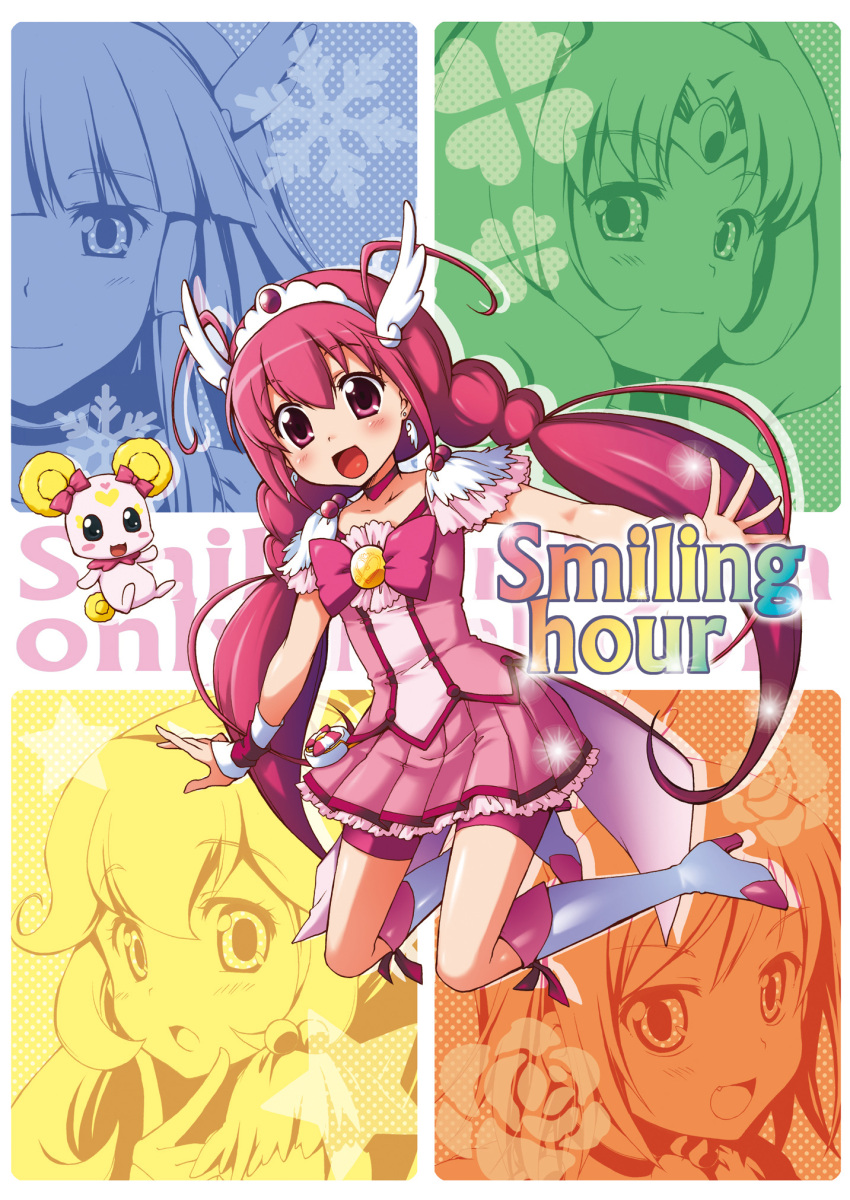 aoki_reika ayami_chiha boots candy_(smile_precure!) cure_beauty cure_happy cure_march cure_peace cure_sunny highres hino_akane hoshizora_miyuki kise_yayoi kneeling long_hair magical_girl midorikawa_nao multiple_girls open_mouth pink_eyes pink_hair precure rainbow_text skirt smile smile_precure! tiara twintails