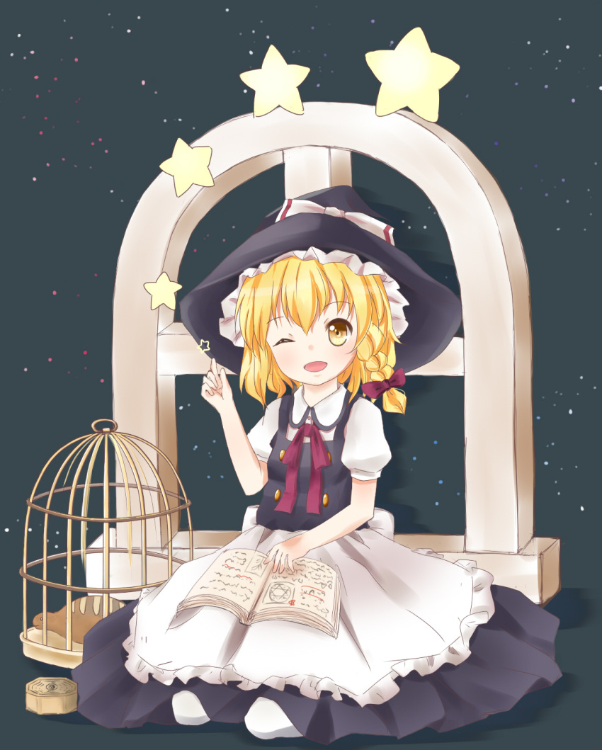 aaaabo apron birdcage blonde_hair book bow braid cage hair_bow hat hexagram highres kirisame_marisa looking_at_viewer mini-hakkero night open_mouth pantyhose raised_finger ribbon seiza short_hair short_sleeves single_braid sitting solo star star_(sky) touhou tsuchinoko vest window wink witch_hat yellow_eyes