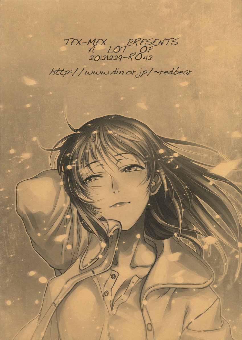 actress alternate_hairstyle black_lagoon hair_down half-closed_eyes highres hiroe_rei lips long_hair monochrome open_clothes open_jacket revy scan smile snow snowing solo unbuttoned watermark web_address