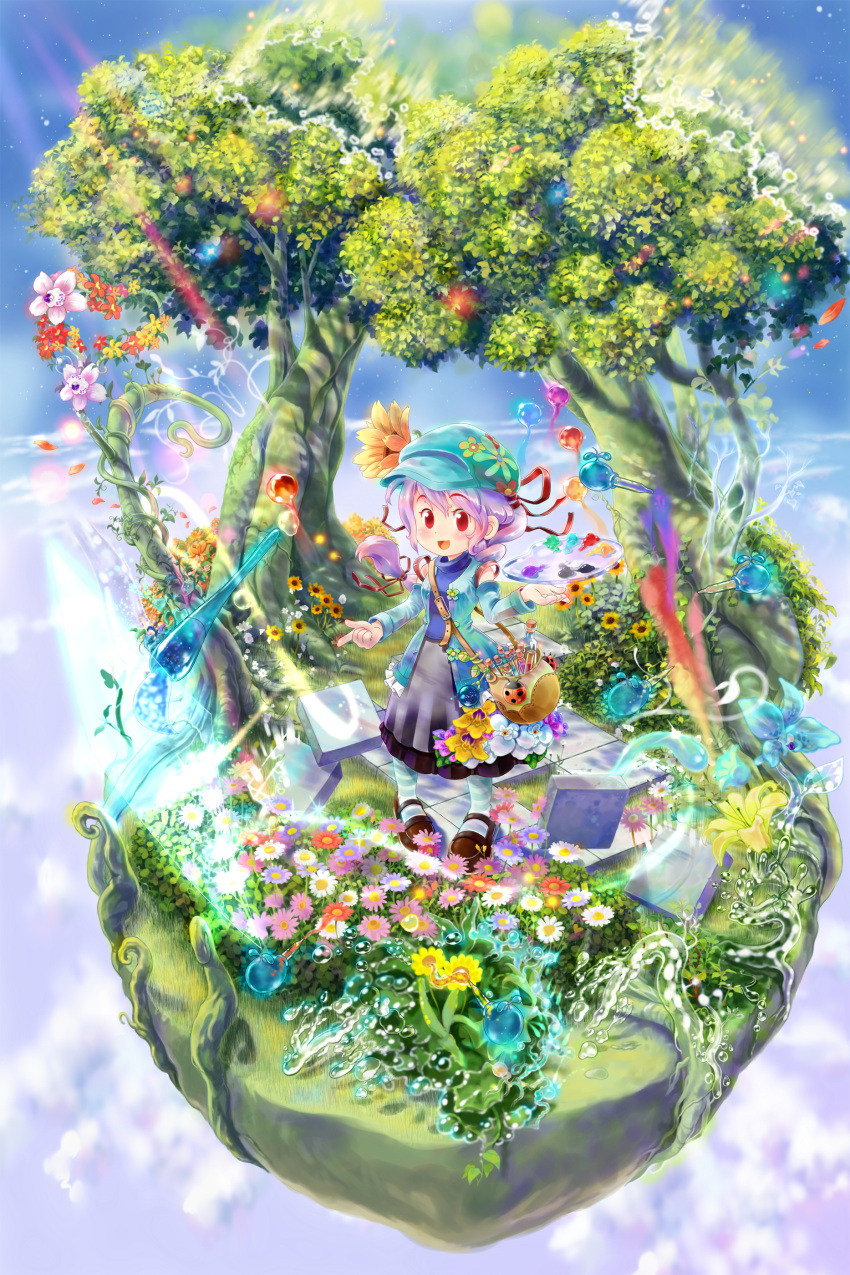 art_brush bag blue_legwear blush braid child detached_sleeves fantasy flower hat highres long_hair long_skirt magic mary_janes narit nature oekaki_musume original paint paintbrush pantyhose pink_hair shoes solo striped striped_legwear striped_pantyhose sunflower tree