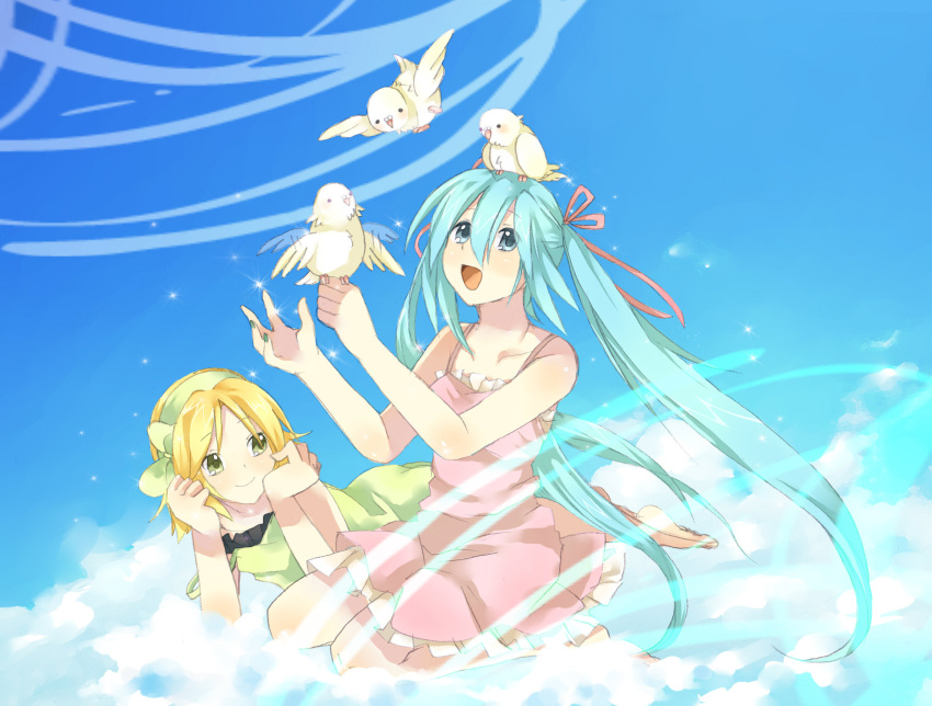 animal_on_head aqua_eyes aqua_hair bird bird_on_hand bird_on_head blonde_hair cloud clouds dress green_eyes hair_ribbon hairband happy hatsune_miku highres kagamine_rin laying long_hair moka-momaka multiple_girls open_mouth ribbon short_hair sitting sky smile twintails very_long_hair vocaloid