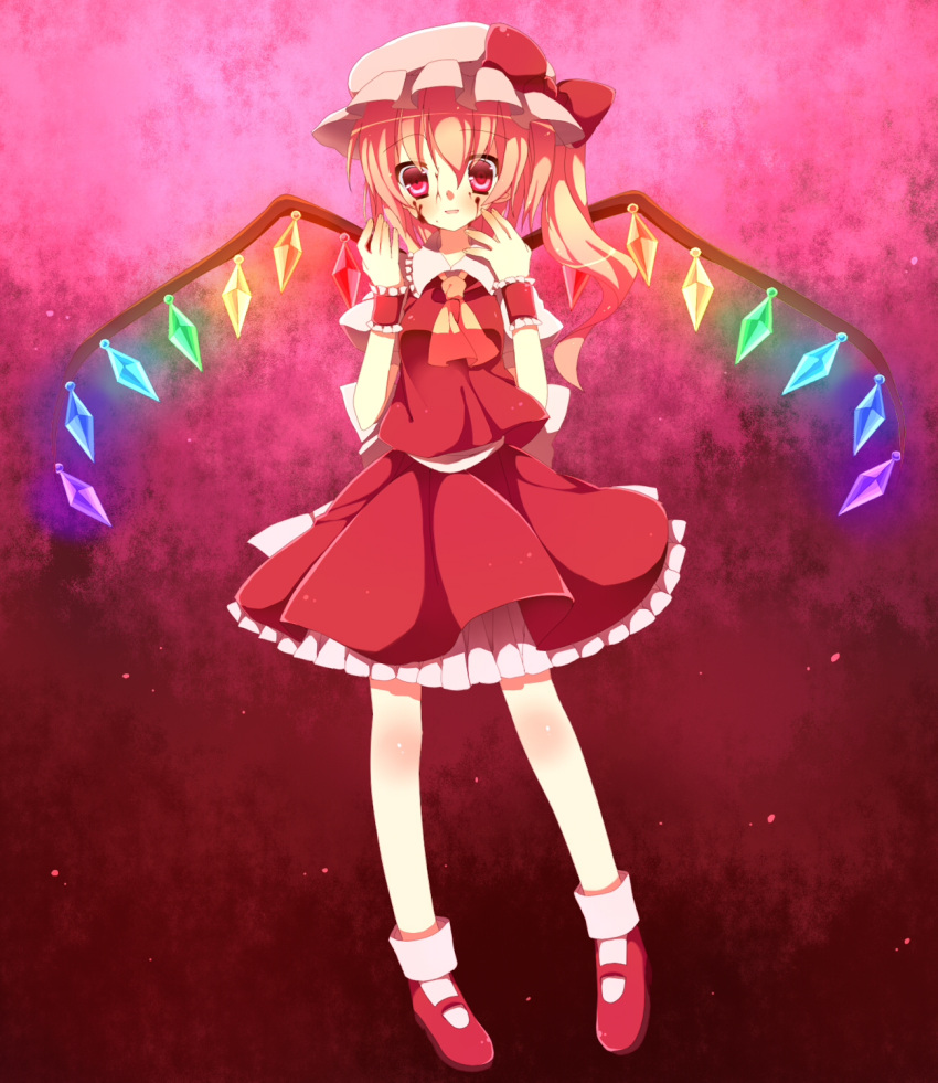 akai bad_id blood crazy_eyes crystal dress flandre_scarlet highres mary_janes rainbow_order red red_background red_dress red_eyes ribbon shoes smile touhou wings