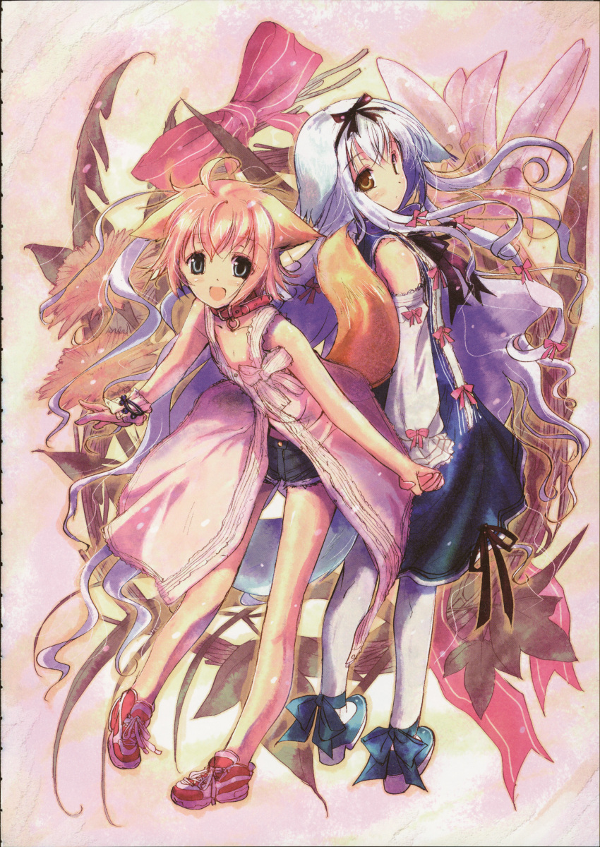 absurdres ahoge animal_ears bow collar denim denim_shorts detached_sleeves dog_ears dog_tail flower hair_ribbon hand_holding highres holding_hands large_bow legs lily lily_(wanko) long_hair multiple_girls open_mouth ozaki_hiroki pantyhose ribbon scan shoes short_hair shorts sneakers tail very_long_hair wanko wanko_to_lily white_hair white_legwear white_pantyhose wrist_cuffs