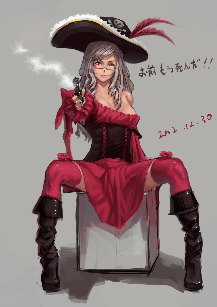 absurdres aiming_at_viewer boots copyright_request corset dated glasses gun hat highres lips long_hair looking_at_viewer pink_eyes pirate pirate_hat shuizhanglang sitting skull_and_crossbones solo spread_legs thigh-highs thighhighs translated weapon