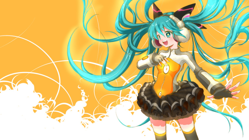 aqua_eyes aqua_hair floating_hair hand_on_own_chest hatsune_miku headphones highres long_hair miesa nail_polish odds_&amp;_ends_(vocaloid) open_mouth project_diva_f skirt solo thigh-highs thighhighs twintails very_long_hair vocaloid