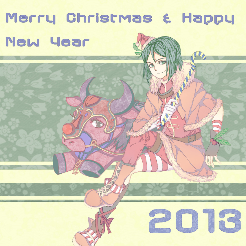 2013 ansurxc asymmetrical_clothes boots bull candy_cane capelet fate/zero fate_(series) fingerless_gloves gloves green_eyes green_hair happy_new_year hat highres merry_christmas new_year santa_hat short_hair waver_velvet