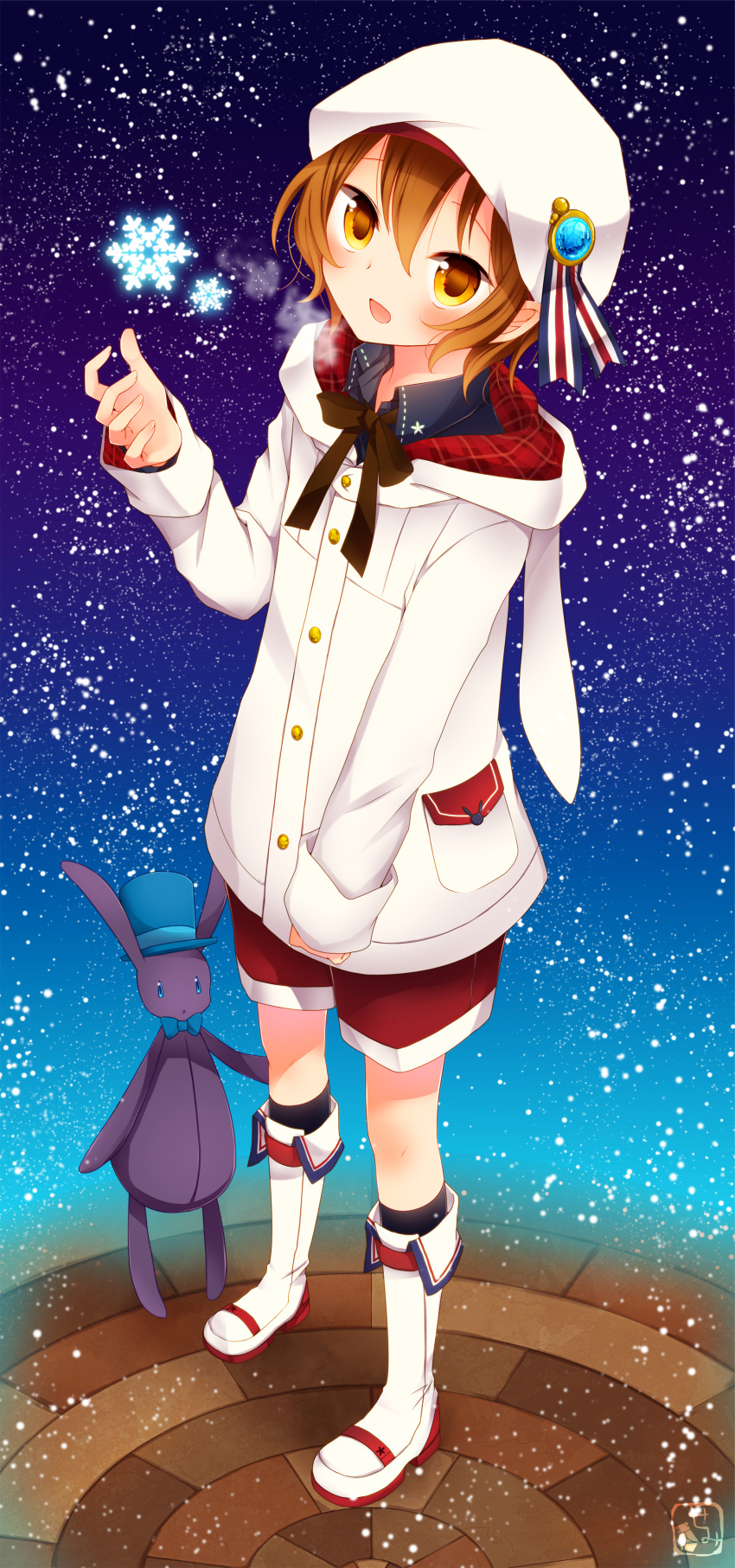 absurdres akane_(goma) animal_ears boots brown_hair bunny_ears doll fake_animal_ears goma_(11zihisin) heart highres hoodie long_image open_mouth original rabbit_ears ribbon short_hair shorts sky smile snowflake snowflakes solo star_(sky) starry_sky stuffed_animal stuffed_toy tall_image trap yellow_eyes
