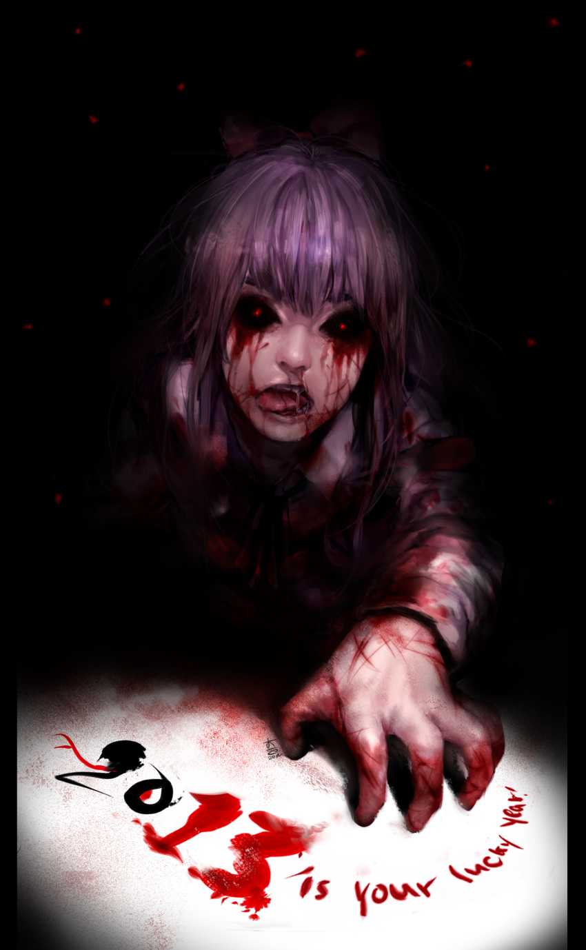 2013 blood bow bunnywebb crawling creepy ellen_(majo_no_ie) glowing glowing_eyes hair_bow highres injury majo_no_ie no_eyes red_eyes scratches solo tongue