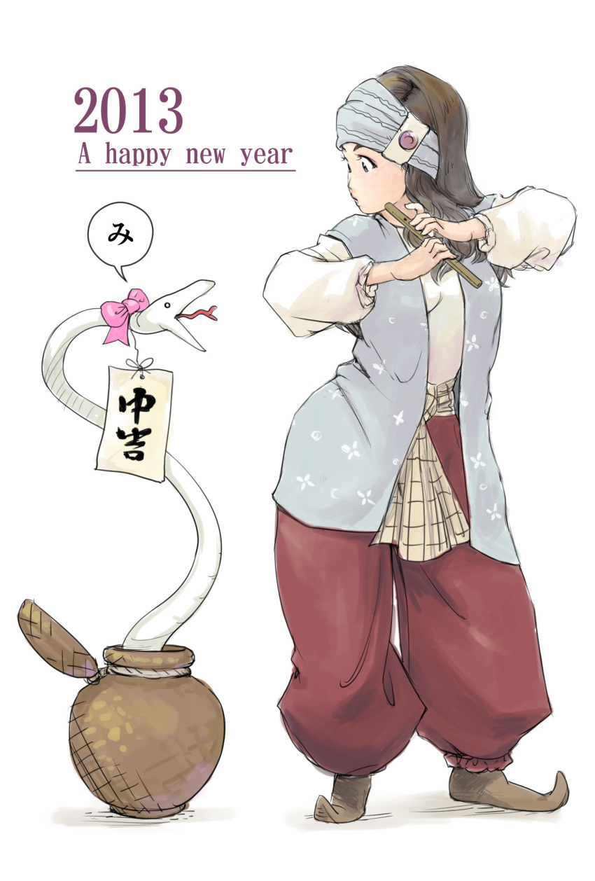 2013 basket brown_hair carina_(xiaowoo) flute happy_new_year highres instrument long_hair new_year original pointed_shoes simple_background snake white_background white_snake