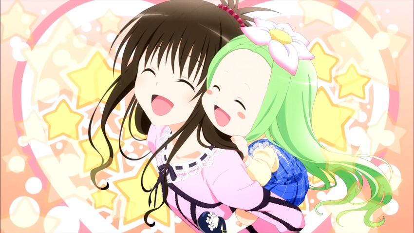 ^_^ beads blush_stickers bow brown_hair celine closed_eyes eyecatch eyes_closed flower frills green_hair hair_flower hair_ornament heart laughing long_hair mary_janes multiple_girls piggyback screencap shoes star to_love-ru to_love-ru_darkness topknot yuuki_mikan