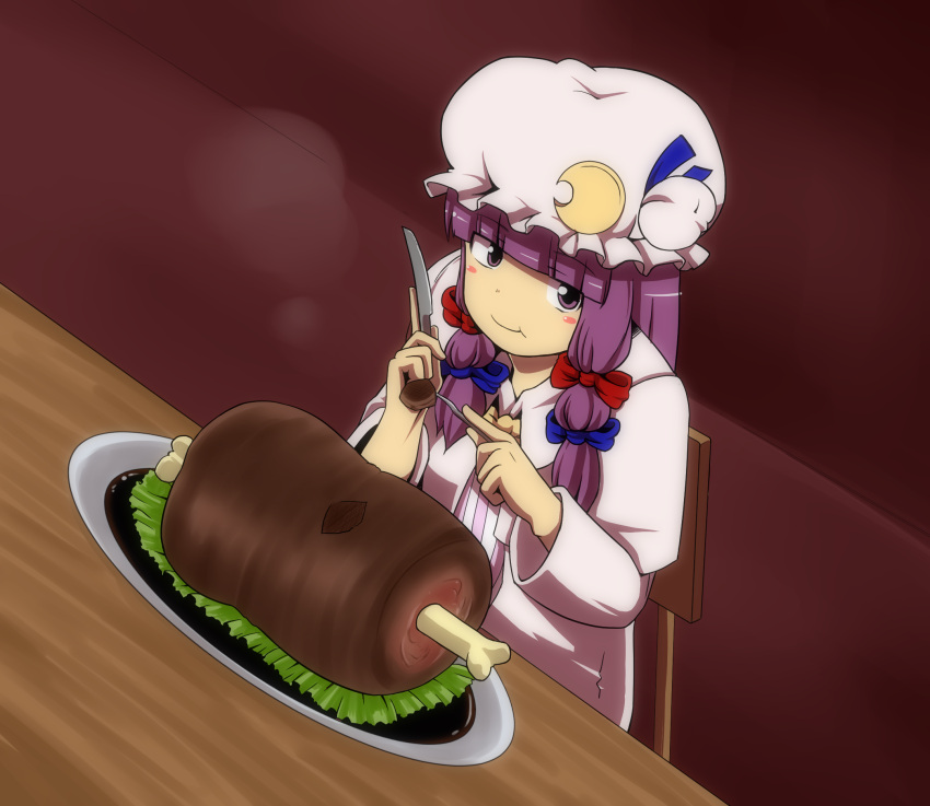 :t blush_stickers boned_meat bow crescent dress eating food fork hair_bow hat highres kaauchi kauti000 knife long_hair meat patchouli_knowledge purple_eyes purple_hair solo touhou violet_eyes