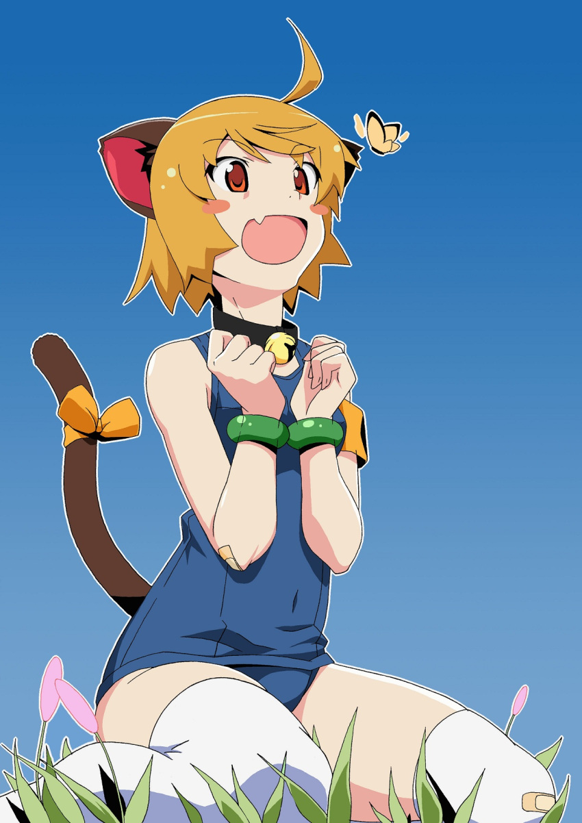 ahoge animal_ears bandaid bell blue_background blush_stickers bracelet butterfly cat_ears character_request collar copyright_request fang highres jewelry jingle_bell kiyukiyutan orange_eyes orange_hair plant school_swimsuit sitting solo swimsuit tail tail_bow thigh-highs thighhighs