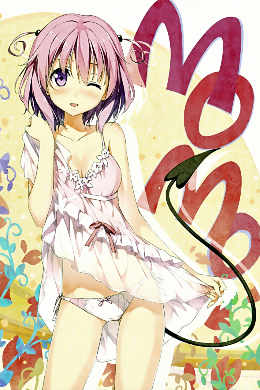 ;d bare_shoulders blush bow bow_panties breasts character_name cleavage demon_tail dress dress_lift highres kantoku momo_velia_deviluke open_mouth panties pink_dress pink_panties purple_eyes scan see-through short_hair side-tie_panties smile solo tail to_love-ru to_love-ru_darkness two_side_up underwear violet_eyes wink