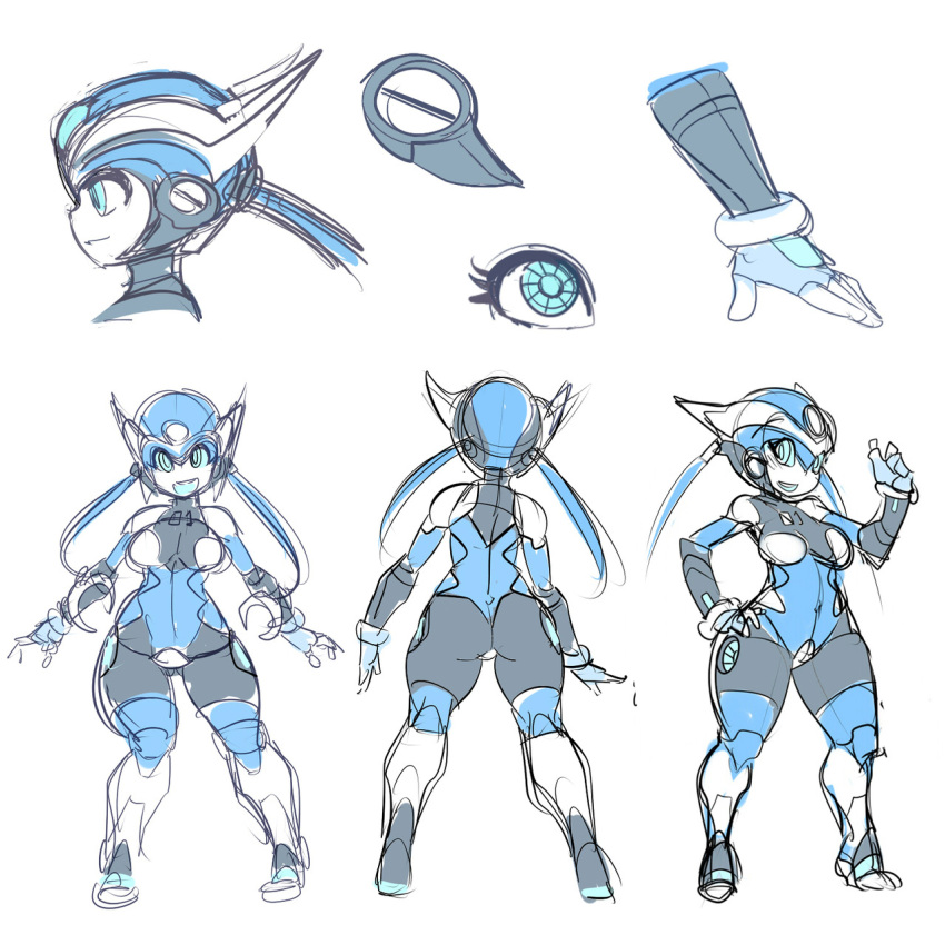 android ass blue_eyes blue_hair breasts character_sheet close-up gynoid helmet highres maniacpaint n01sb original profile robot robot_girl smile solo thick_thighs thighs twintails wide_hips