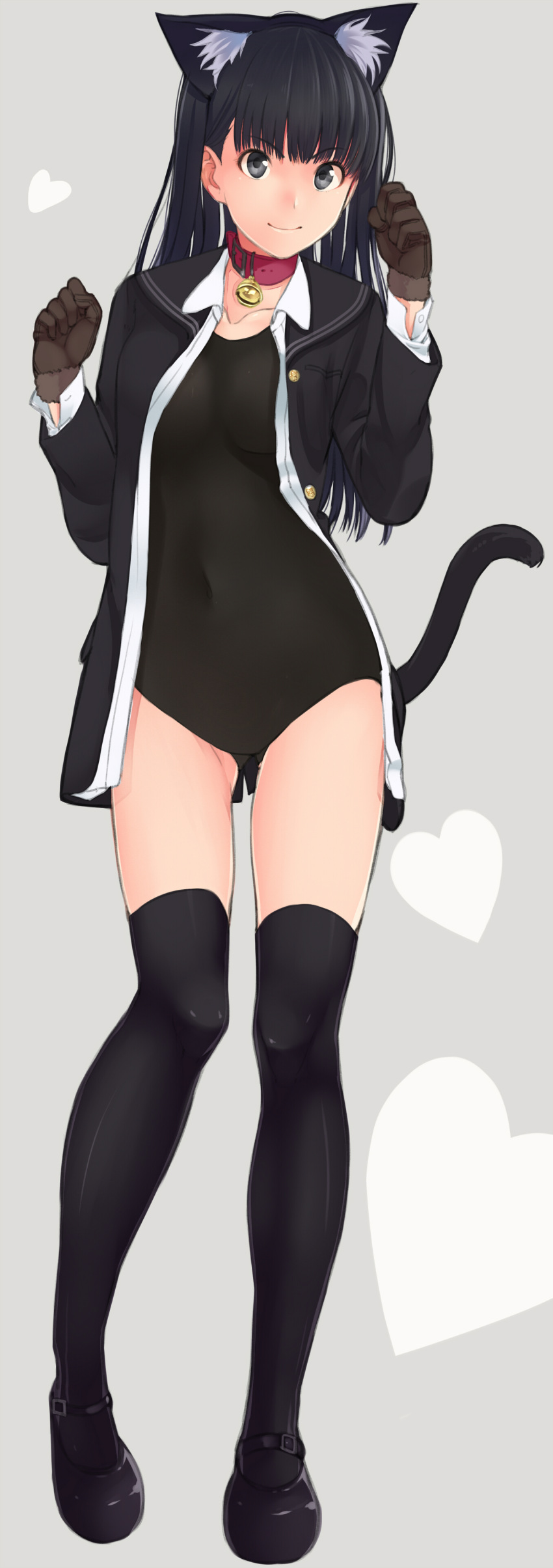 absurdres amagami animal_ears ayatsuji_tsukasa bell bell_collar black_hair black_legwear bottomless cat_ears cat_tail collar gloves highres long_hair mary_janes paw_pose sailor_dress santa_(sunflower) school_swimsuit shoes solo swimsuit swimsuit_under_clothes tail thigh-highs thighhighs