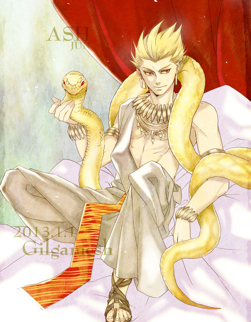 armlet bed blonde_hair bracelet dated earrings fate/zero fate_(series) gilgamesh highres jewelry jun_(ash) necklace red_eyes sandals snake solo toga