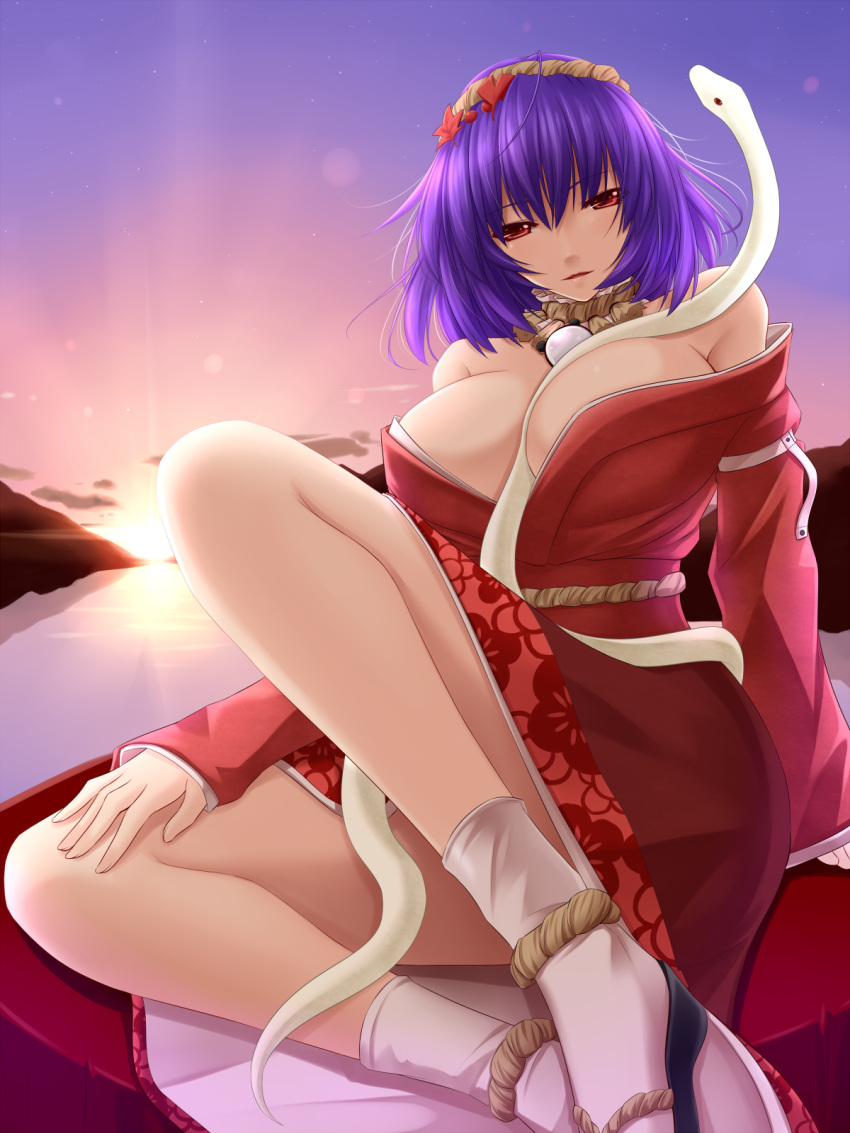 2013 alternate_costume bare_shoulders between_breasts blue_sky breasts censored cleavage cloud clouds convenient_censoring hair_ornament highres japanese_clothes kimono large_breasts long_sleeves looking_at_viewer new_year obi off_shoulder purple_hair red_eyes sash short_hair shuugetsu_karasu sitting sky snake solo sunset touhou upskirt yasaka_kanako