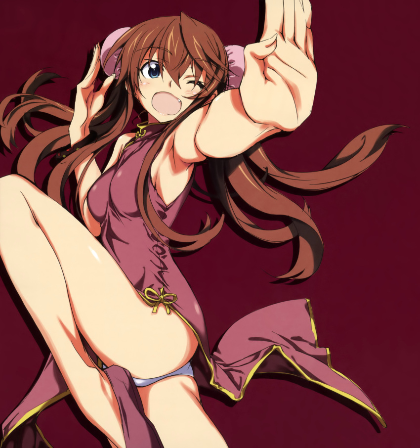 ;d absurdres armpits bare_shoulders brown_hair bun_cover china_dress chinese_clothes double_bun fang fingernails green_eyes highres huang_lingyin infinite_stratos kung_fu kurashima_tomoyasu leg_lift long_fingernails long_hair open_mouth outstretched_hand panties scan simple_background smile solo twintails underwear white_panties wink