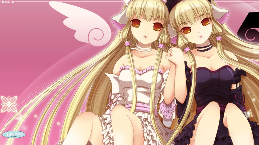 bare_shoulders black_dress blonde_hair brown_eyes chii chobits detached_sleeves detached_wings dress freya frilled_dress frills greyscale hair_tubes hand_holding highres holding_hands long_hair monochrome multiple_girls parted_lips pink_background ribbon ribbon_choker robot_ears siblings sitting title_drop twins very_long_hair wallpaper white_dress wings yuu_kumoya