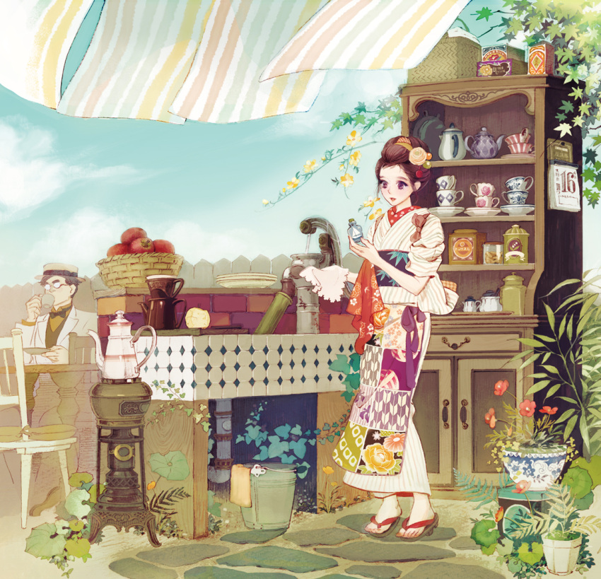 1girl apple apron basket black_hair bottle bowtie bucket cabinet calendar_(object) chair cup drinking flower food formal fruit geta glasses hair_flower hair_ornament hair_up hairband hat japanese_clothes kimono leaf matsuo_hiromi no_socks original overgrown pipes plant plate potted_plant pump purple_eyes sandals saucer ship_in_a_bottle short_hair sitting standing suit table tea_set teacup teapot tiles towel violet_eyes yukata