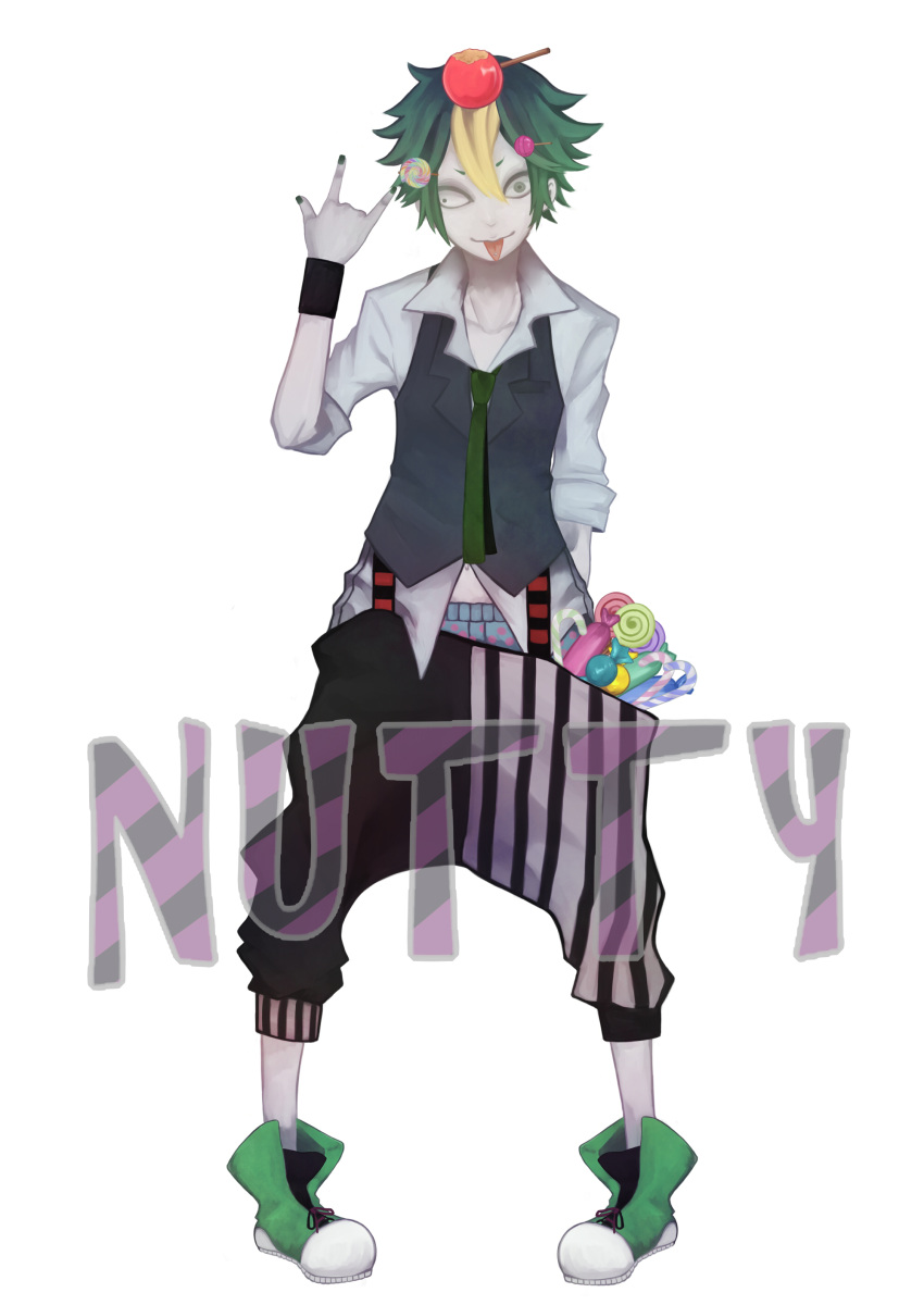 1boy blonde_hair boxers candy candy_apple candy_cane english green_hair highres lazy_eye lollipop male multicolored_hair nail_polish nankaidools navel necktie piercing pigeon-toed solo striped suspenders swirl_lollipop tagme tongue tongue_out tongue_piercing two-tone_hair underwear vest