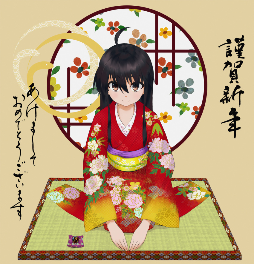 ahoge akeome alastor_(shakugan_no_shana) black_hair brown_eyes floral_print highres japanese_clothes kimono long_hair mokkei new_year round_window seigaiha seiza shakugan_no_shana shana sitting solo tatami window