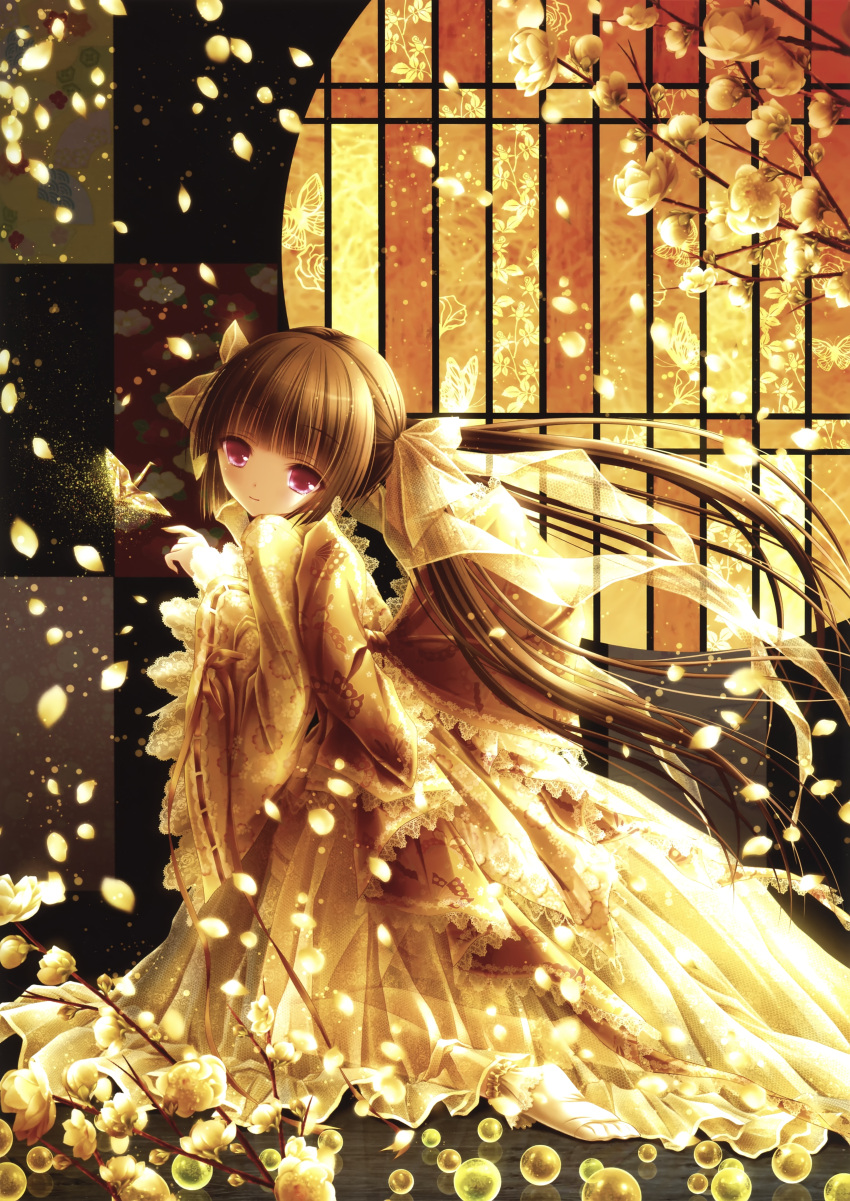 absurdres brown_hair dress flower hair_ribbon highres long_hair looking_at_viewer moth original petals purple_eyes ribbon smile solo tears tinker_bell twintails violet_eyes wind