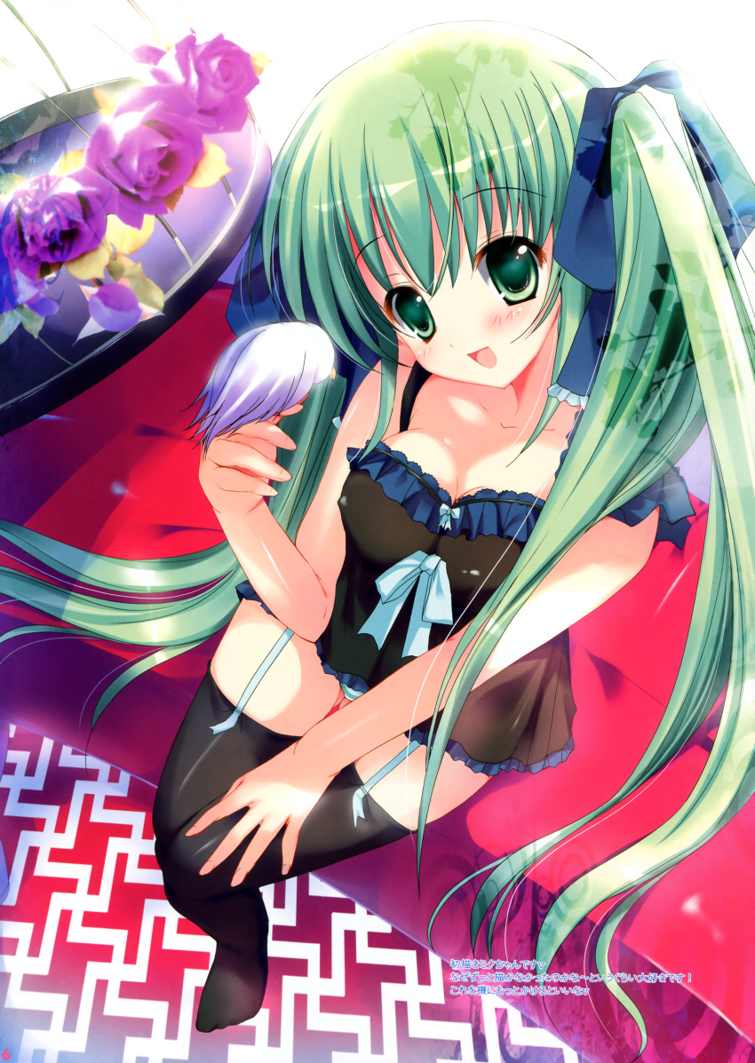 :d absurdres babydoll bed bird bird_on_hand black_legwear breasts cleavage commentary copyright_request erect_nipples flower foreshortening from_above garter_straps green_eyes green_hair green_panties highres mizusawa_mimori open_mouth panties rose sayagata sitting smile striped striped_panties thigh-highs thighhighs twintails underwear