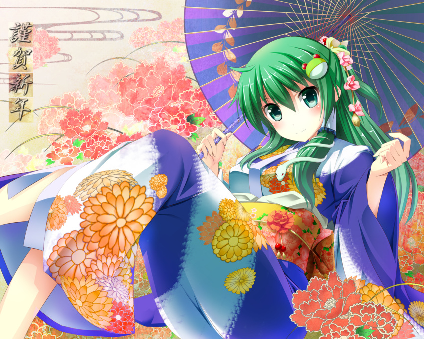 alternate_costume bug bug_(artist) flower frog_hair_ornament green_eyes green_hair hair_flower hair_ornament hair_tubes japanese_clothes kimono kochiya_sanae oriental_umbrella smile snake_hair_ornament solo touhou umbrella wallpaper