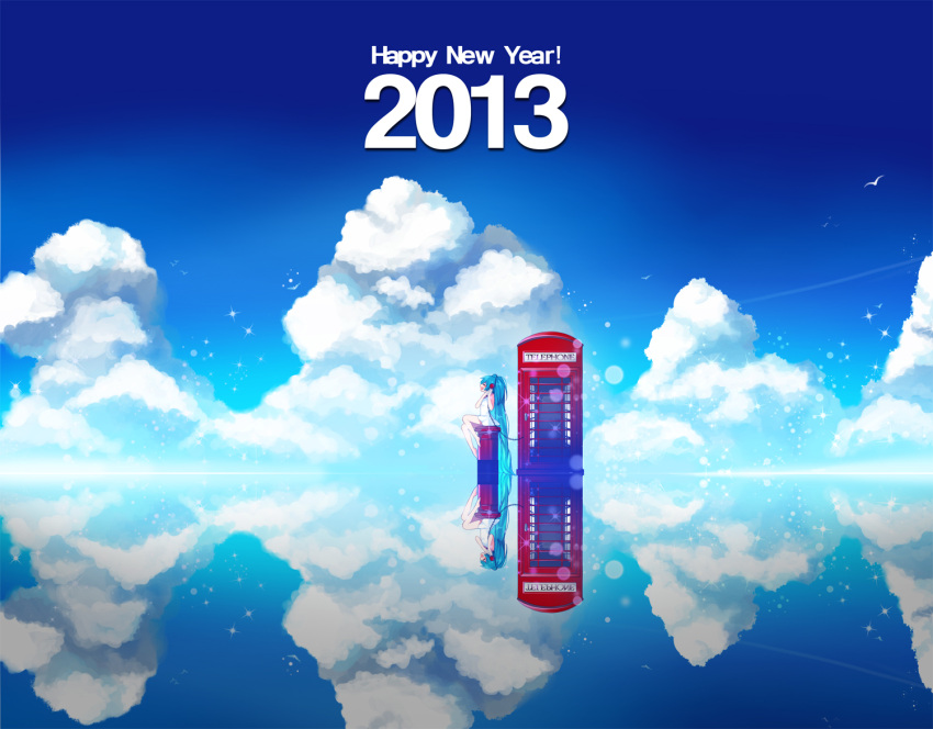 animal bad_id bird blue_hair cloud clouds happy_new_year hatsune_miku landscape myoya new_year reflection scenery sky solo sparkle telephone_booth twintails vocaloid water