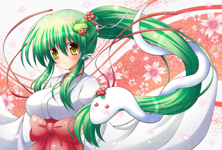 blush bow flower flower_on_head frog_hair_ornament green_hair hair_flower hair_ornament kochiya_sanae long_hair osashin_(osada) payot ponytail shin_osada smile snake_hair_ornament solo touhou very_long_hair yellow_eyes