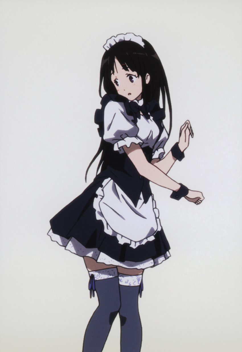 1girl absurdres black_hair chitanda_eru highres hyouka long_hair looking_back maid maid_headdress maid_uniform official_art simple_background solo standing white_background