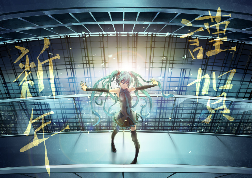 aqua_hair bridge city detached_sleeves essual_(layer_world) hatsune_miku highres kanji light nail_polish necktie outstretched_arms thigh-highs thighhighs twintails vocaloid