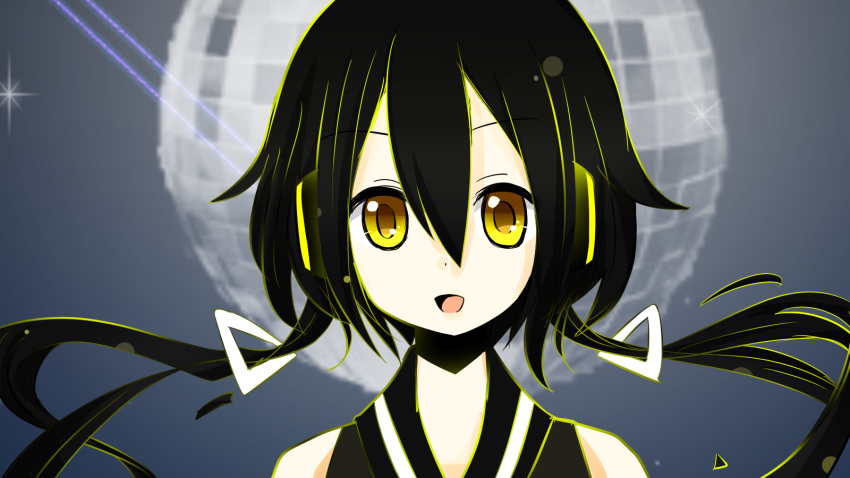 bare_shoulders black_hair bust detached_hair disco_ball hair_ornament headset highres long_hair luo_tianyi minco mori_disco_(vocalid) open_mouth solo vocaloid yellow_eyes