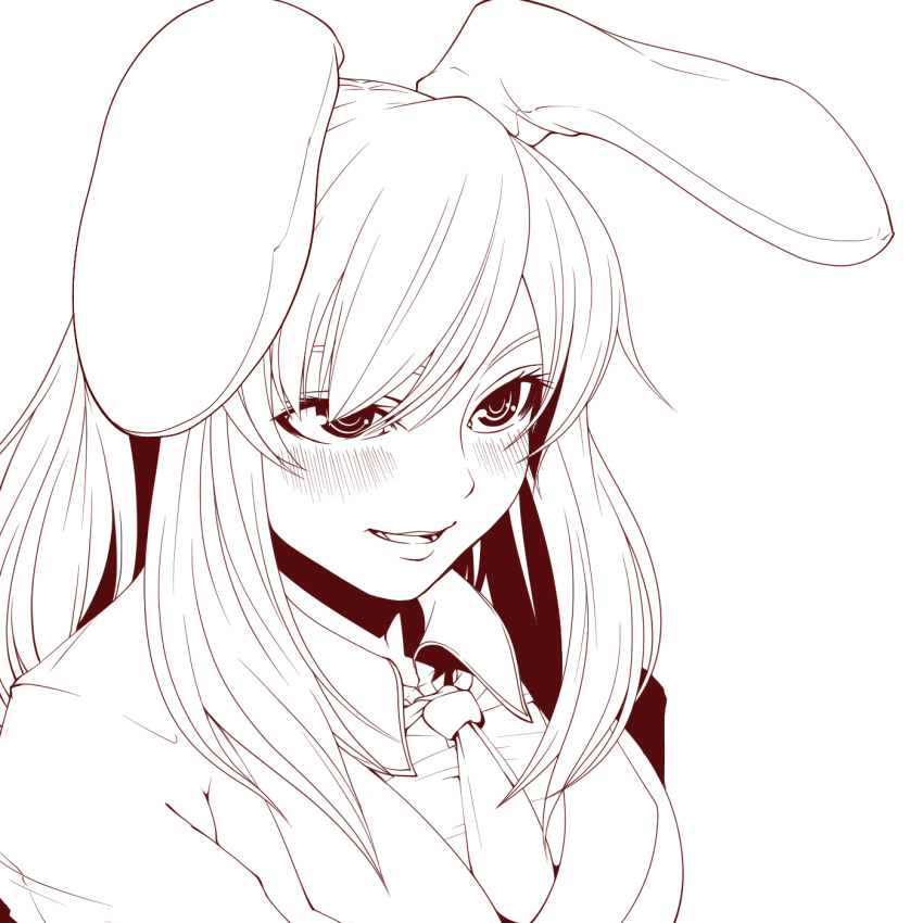 animal_ears blush bunny_ears ginku_mh highres lineart long_hair monochrome necktie open_mouth rabbit_ears reisen_udongein_inaba smile solo touhou