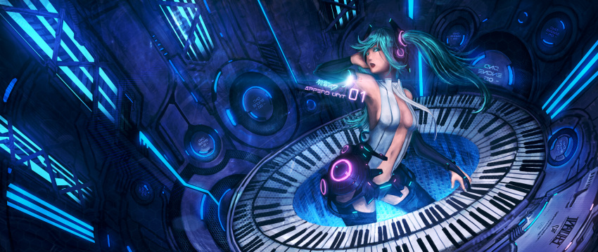 arm_up armpits bridal_gauntlets center_opening character_name hatsune_miku hatsune_miku_(append) highres ishutani miku_append navel necktie open_mouth piano_keys solo speaker thigh-highs thighhighs twintails vocaloid vocaloid_append