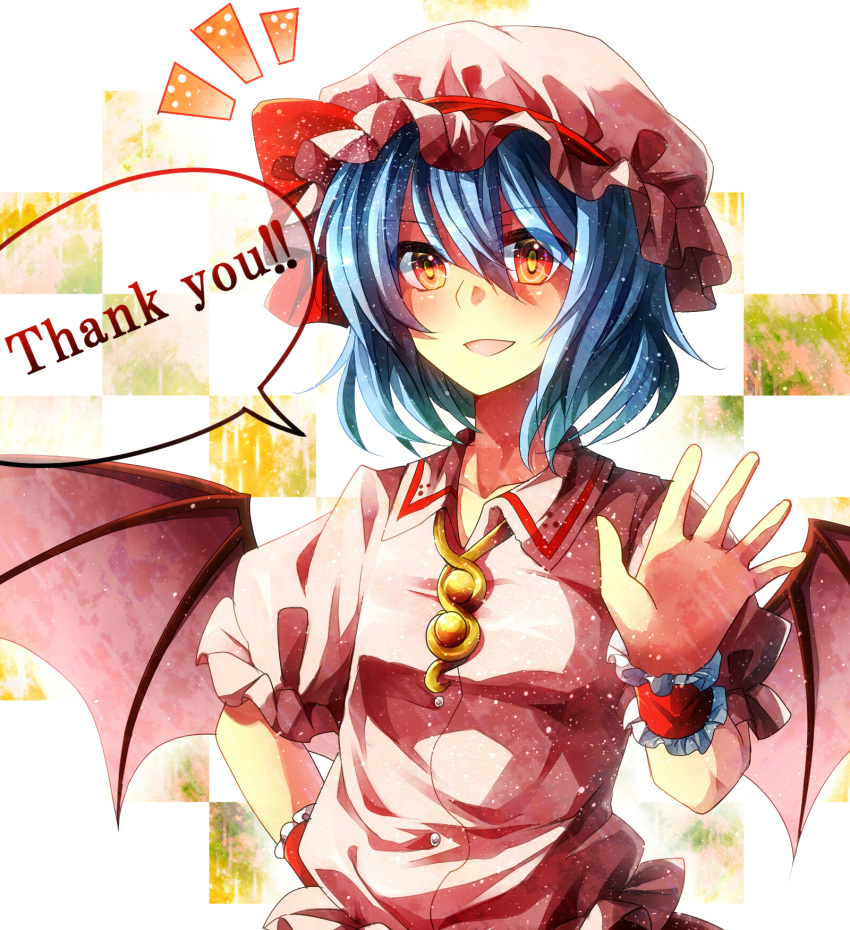 bat_wings blue_hair brooch bust english fuuna_(conclusion) hand_on_hip hat highres jewelry open_mouth red_eyes remilia_scarlet short_hair smile solo touhou wings wrist_cuffs