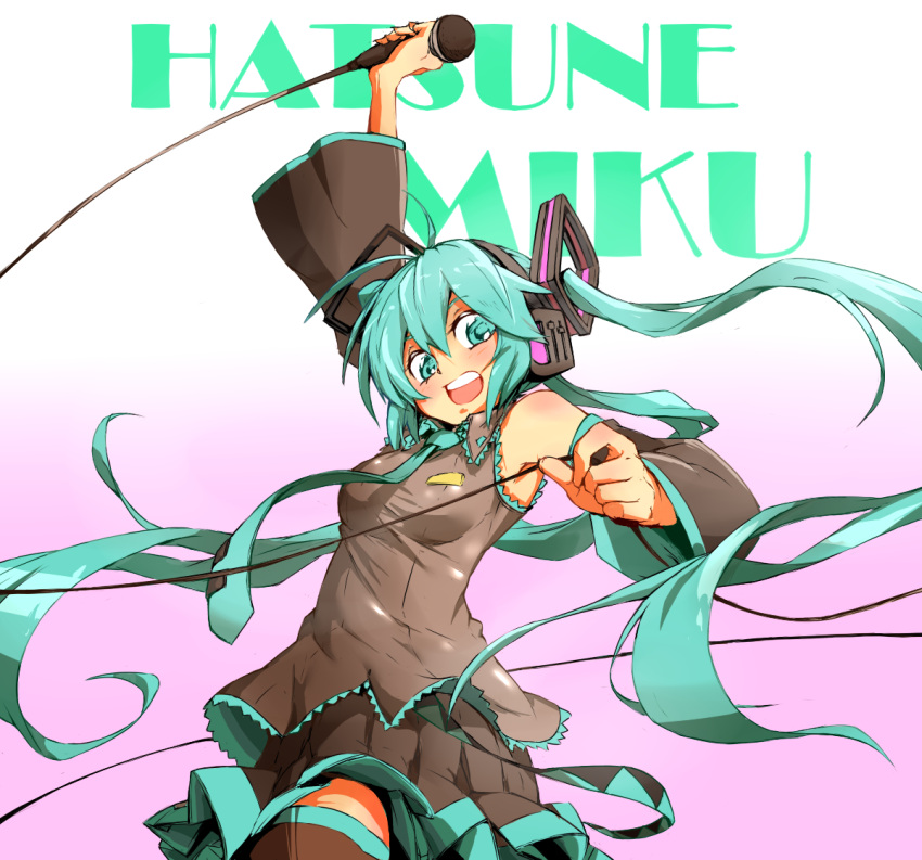 1girl aqua_eyes aqua_hair arm_up character_name detached_sleeves hatsune_miku headphones long_hair microphone nakatomo108 necktie open_mouth skirt solo thighhighs twintails very_long_hair vocaloid