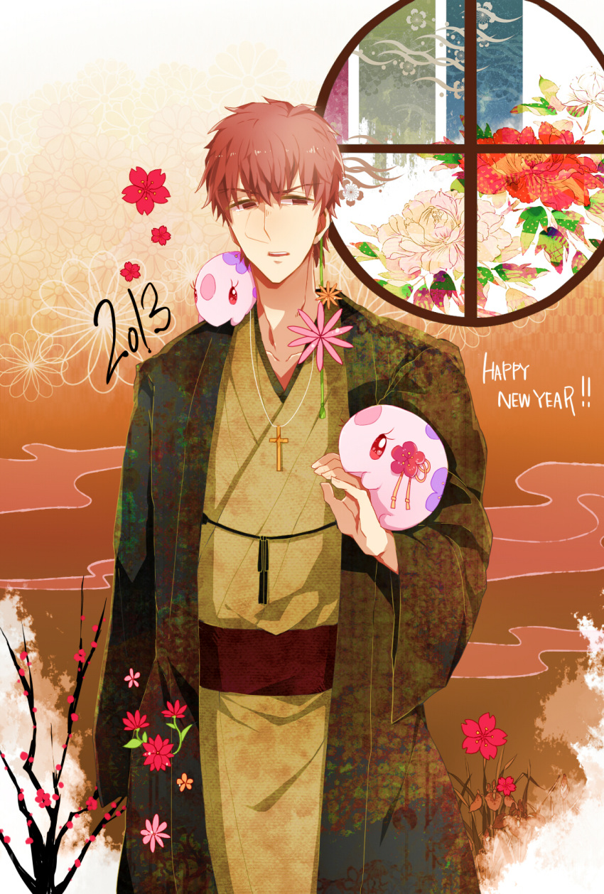 2013 brown_eyes brown_hair cherry_blossoms crossover fate/zero fate_(series) flower happy_new_year highres japanese_clothes kimono kotomine_kirei munna new_year pokemon pokemon_(game) pokemon_bw red_eyes solo window yuugai_seibutsu