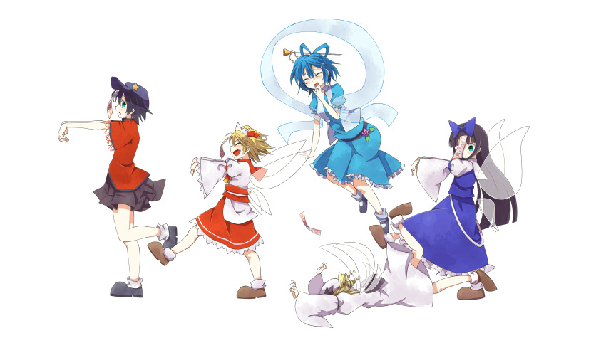 absurdres belt beret blonde_hair blue_dress blue_hair bow closed_eyes dress drill_hair eyes_closed faceplant fairy fairy_wings fang flying green_eyes hair_bow hair_rings hair_stick hand_to_mouth hat highres japanese_clothes jiangshi kaku_seiga kimono long_hair long_sleeves luna_child maid_headdress miyako_yoshika multiple_girls obi ofuda open_mouth open_vest outstretched_arms puffy_sleeves sash shawl shirt short_hair short_sleeves skirt skirt_set smile star_sapphire sunny_milk thesanaelove touhou white_dress wide_sleeves wings zombie_pose